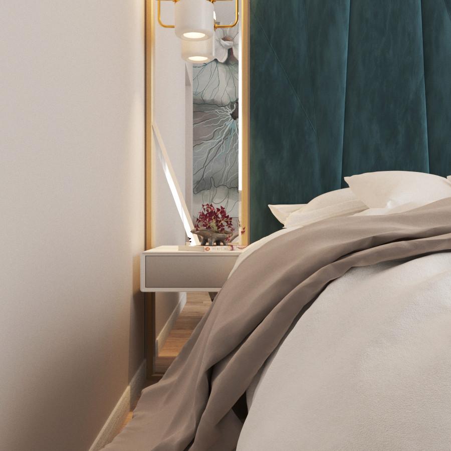 Интерьер спальни с бра над кроватью и светильниками над кроватью в современном стиле