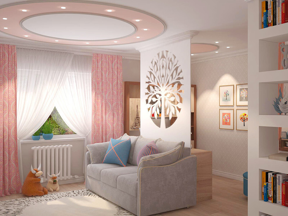 Интерьер гостиной с аркой, проемом, с детской, рейками с подсветкой, подсветкой светодиодной и с подсветкой в современном стиле