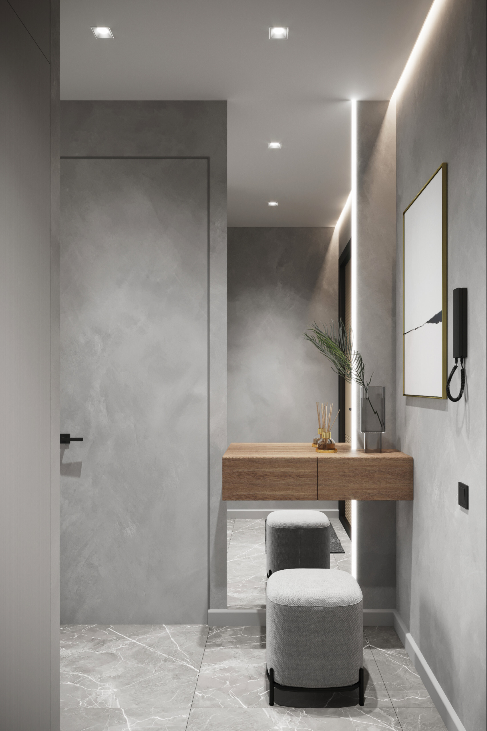 Интерьер ванной с ресепшном и зеркалом на двери в современном стиле