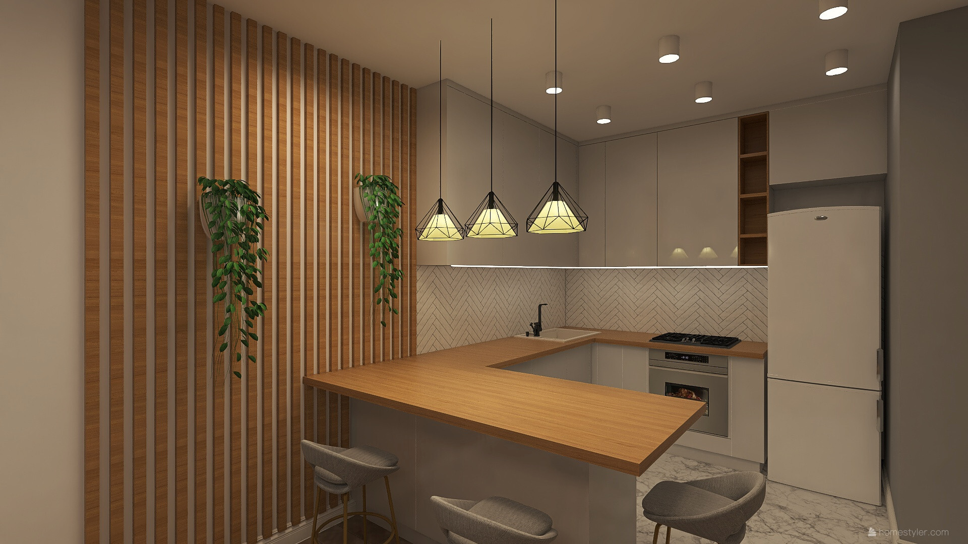 Интерьер кухни с рейками с подсветкой, светильниками над столом и подсветкой светодиодной в современном стиле