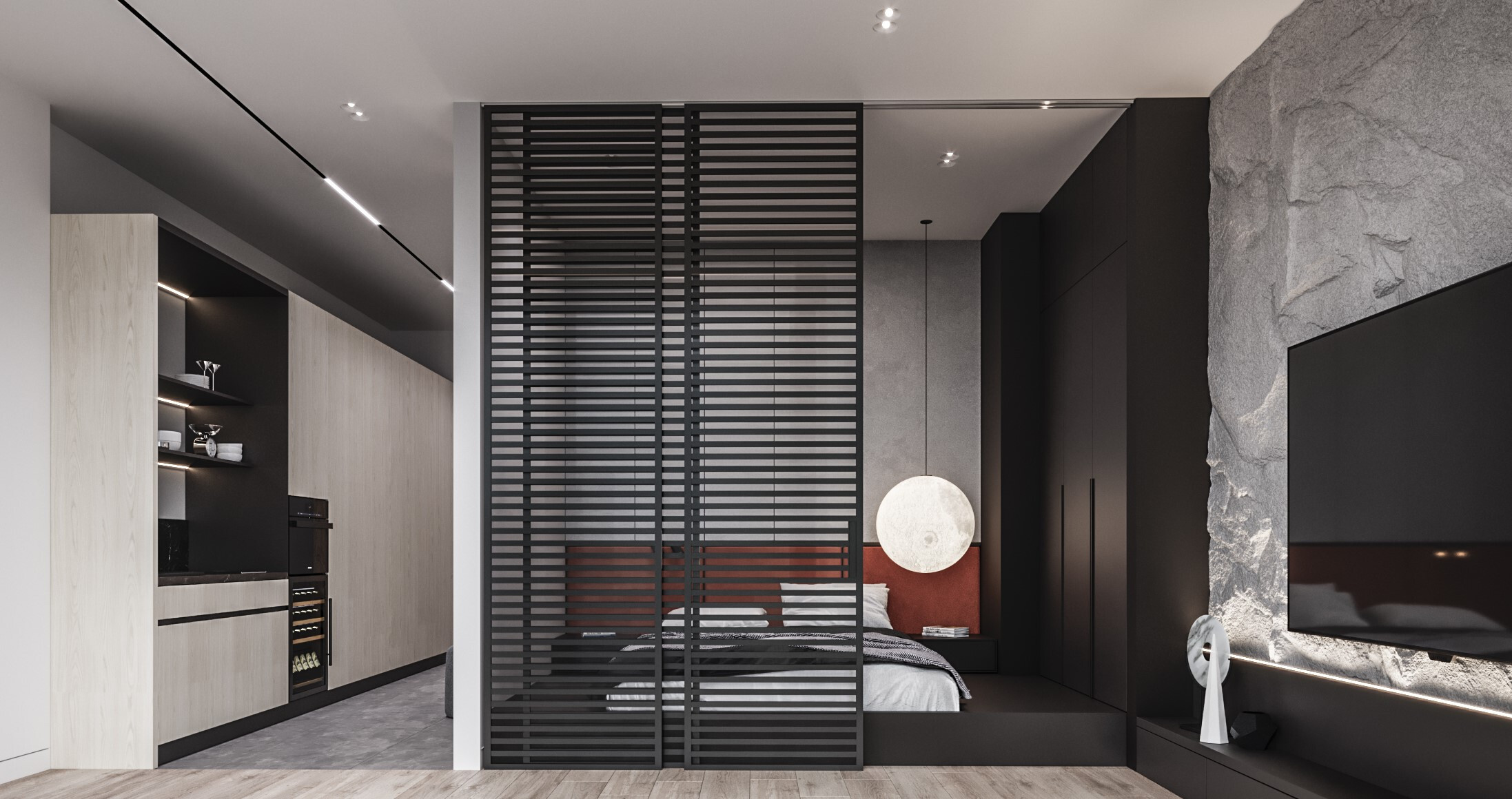 Интерьер спальни с зонированием рейками, перегородкой раздвижной, жалюзи, вертикальными жалюзи и дверными жалюзи в современном стиле и в стиле лофт