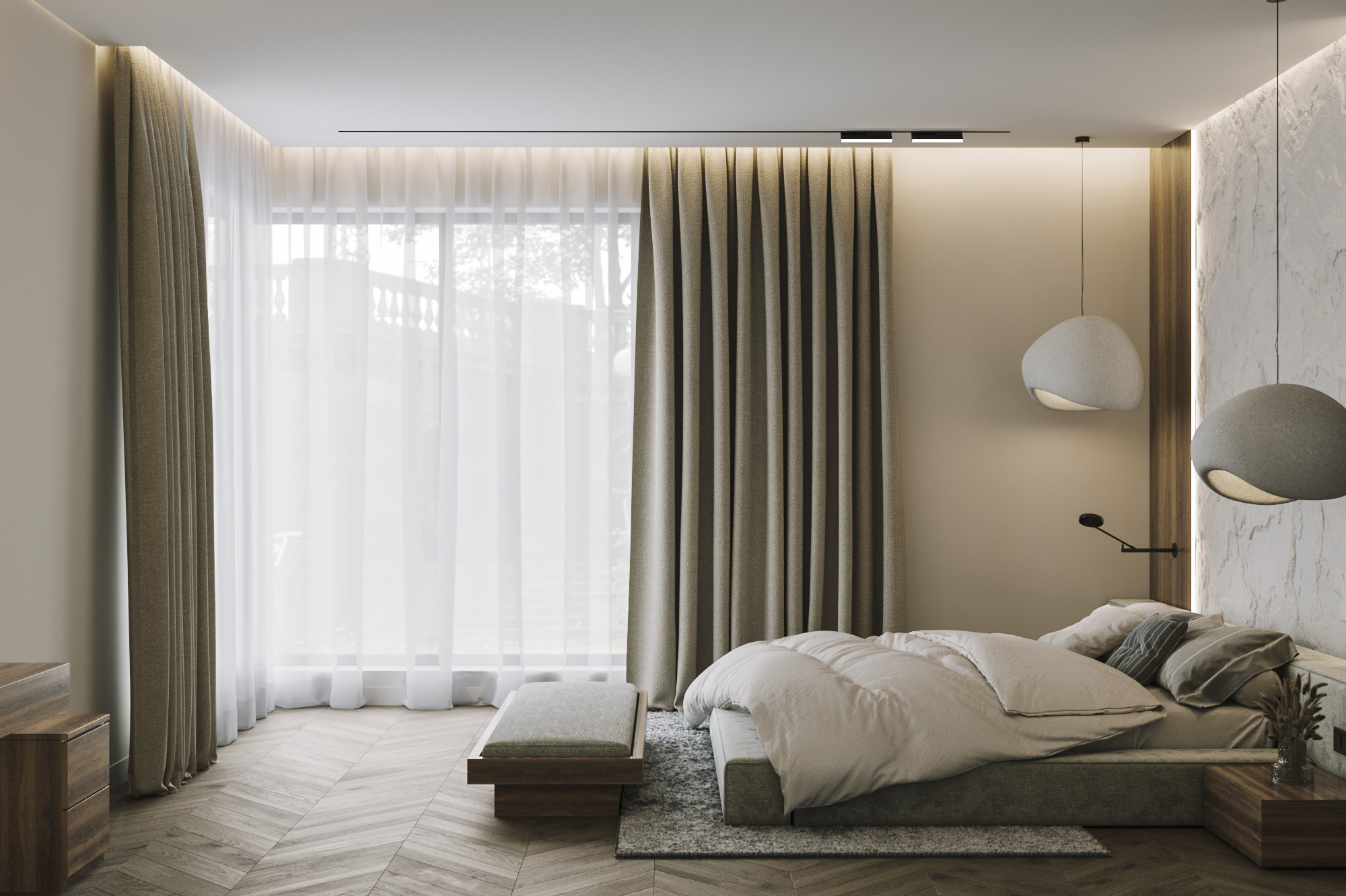 Интерьер спальни cветовыми линиями, угловым окном и рейками с подсветкой