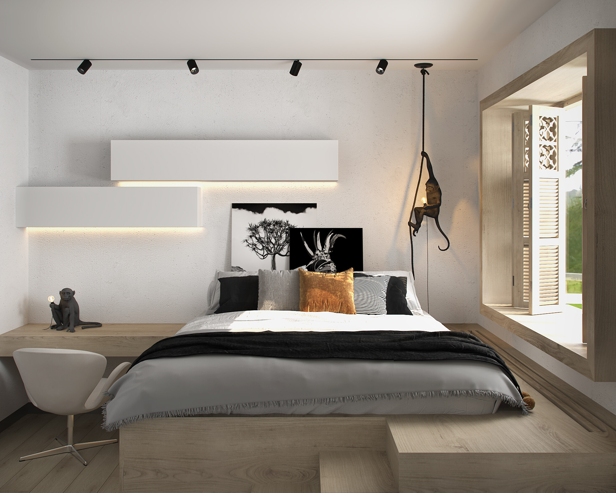 Интерьер спальни с рейками с подсветкой, бра над кроватью, подсветкой настенной и светильниками над кроватью в стиле лофт