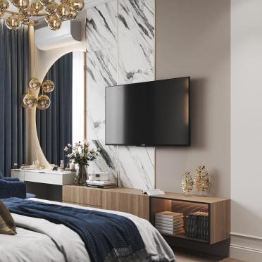 Интерьер спальни с телевизором на стене  смотреть на Basicdecor