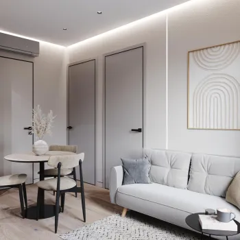 Интерьер гостиной cветовыми линиями и с подсветкой  смотреть на Basicdecor