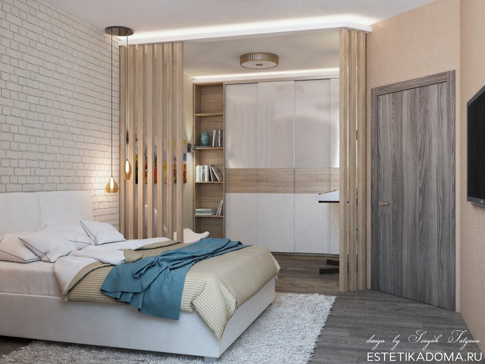 Интерьер спальни с шкафом над кроватью, шкафом напротив кровати и шкафом у кровати в стиле лофт, в стиле кантри и эко