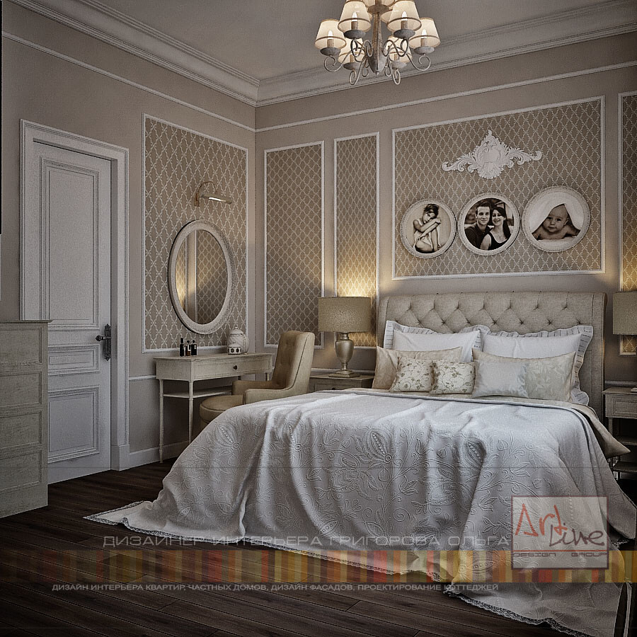 Интерьер спальни в классическом стиле, в стиле кантри и ампире
