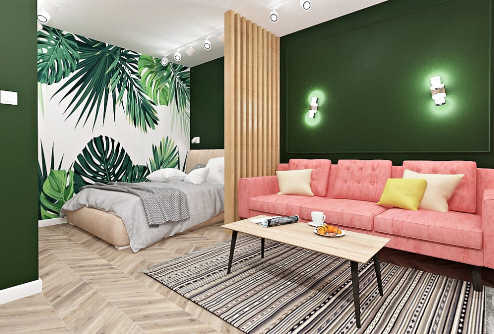 Интерьер гостиной с зонированием рейками, телевизором на рейках, вертикальными жалюзи и рейками с подсветкой в современном стиле