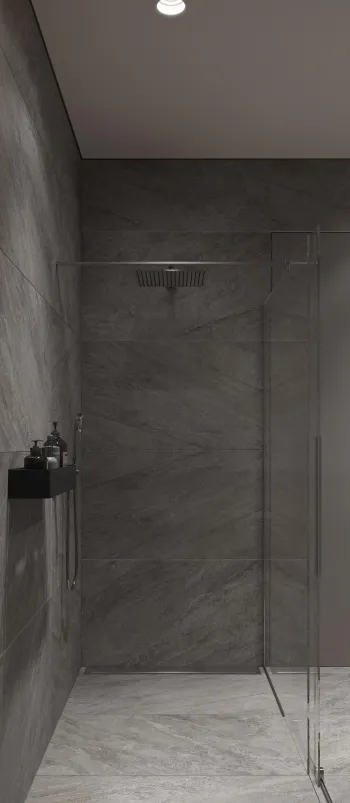 Интерьер ванной с душевой из плитки и без окна  смотреть на Basicdecor