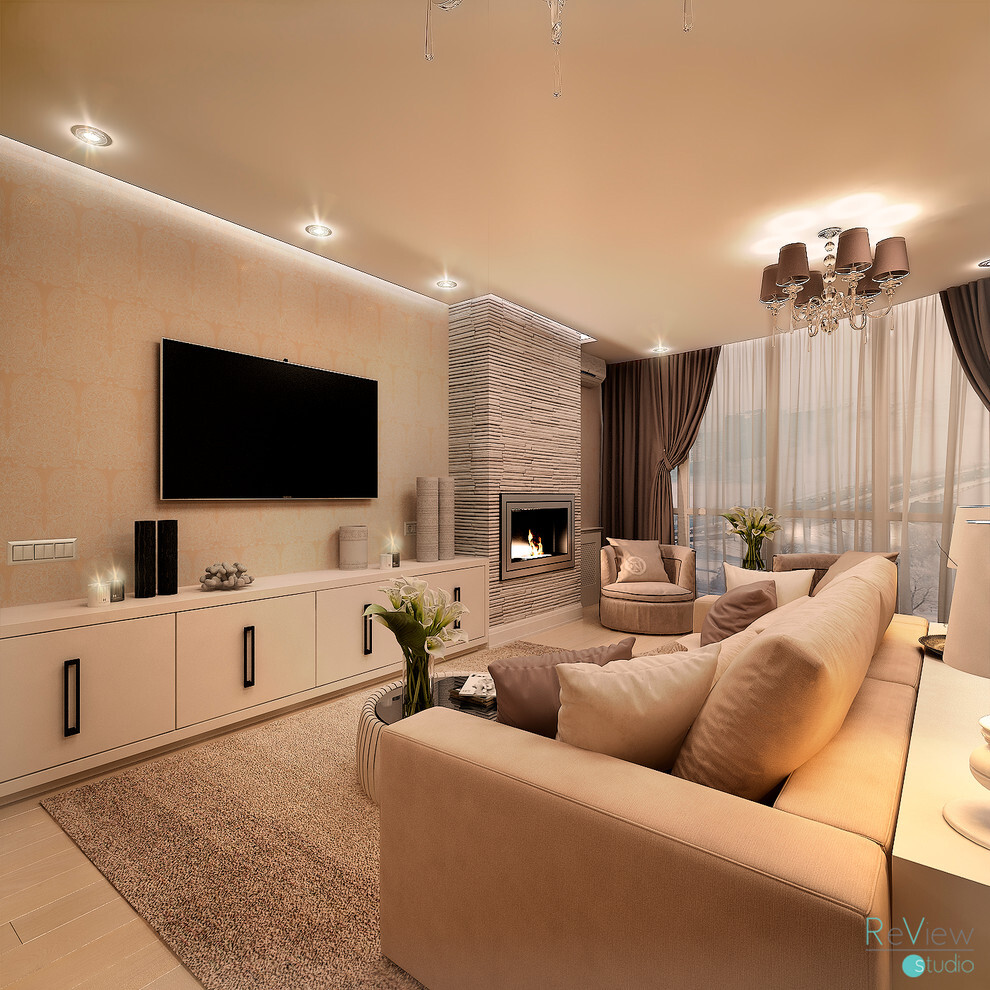 Интерьер гостиной с нишей с подсветкой, рейками с подсветкой, подсветкой настенной, подсветкой светодиодной и с подсветкой в современном стиле