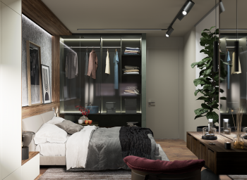 Интерьер спальни с гардеробной, проходной, подсветкой светодиодной и шкафом у кровати в стиле лофт