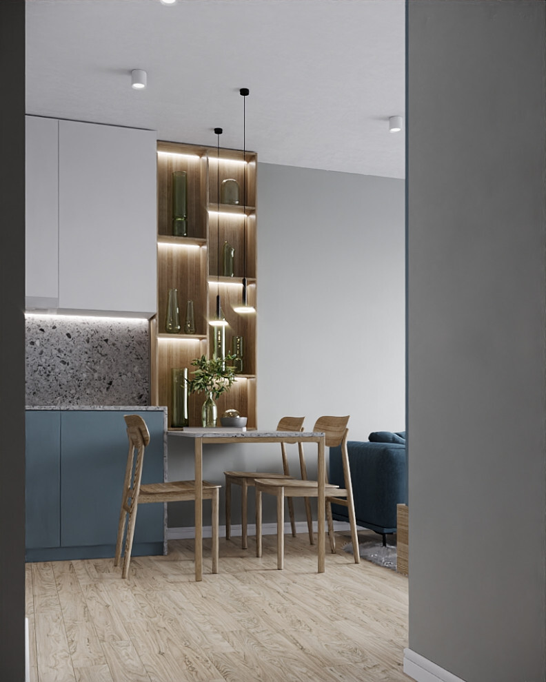 Интерьер кухни cветовыми линиями, рейками с подсветкой, подсветкой настенной и подсветкой светодиодной в современном стиле и в стиле лофт