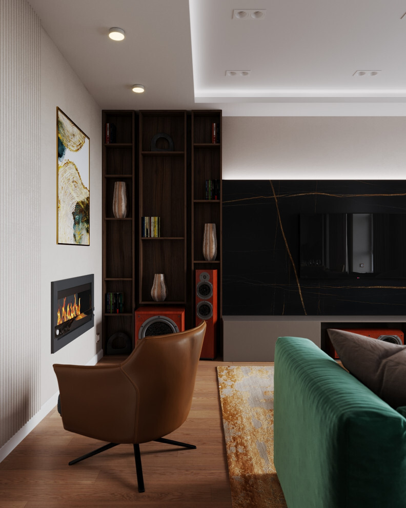 Интерьер гостиной cветовыми линиями, керамогранитом на стену с телевизором и подсветкой настенной в современном стиле