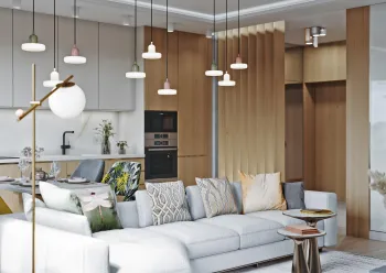 Интерьер кухни cветильниками над столом  смотреть на Basicdecor