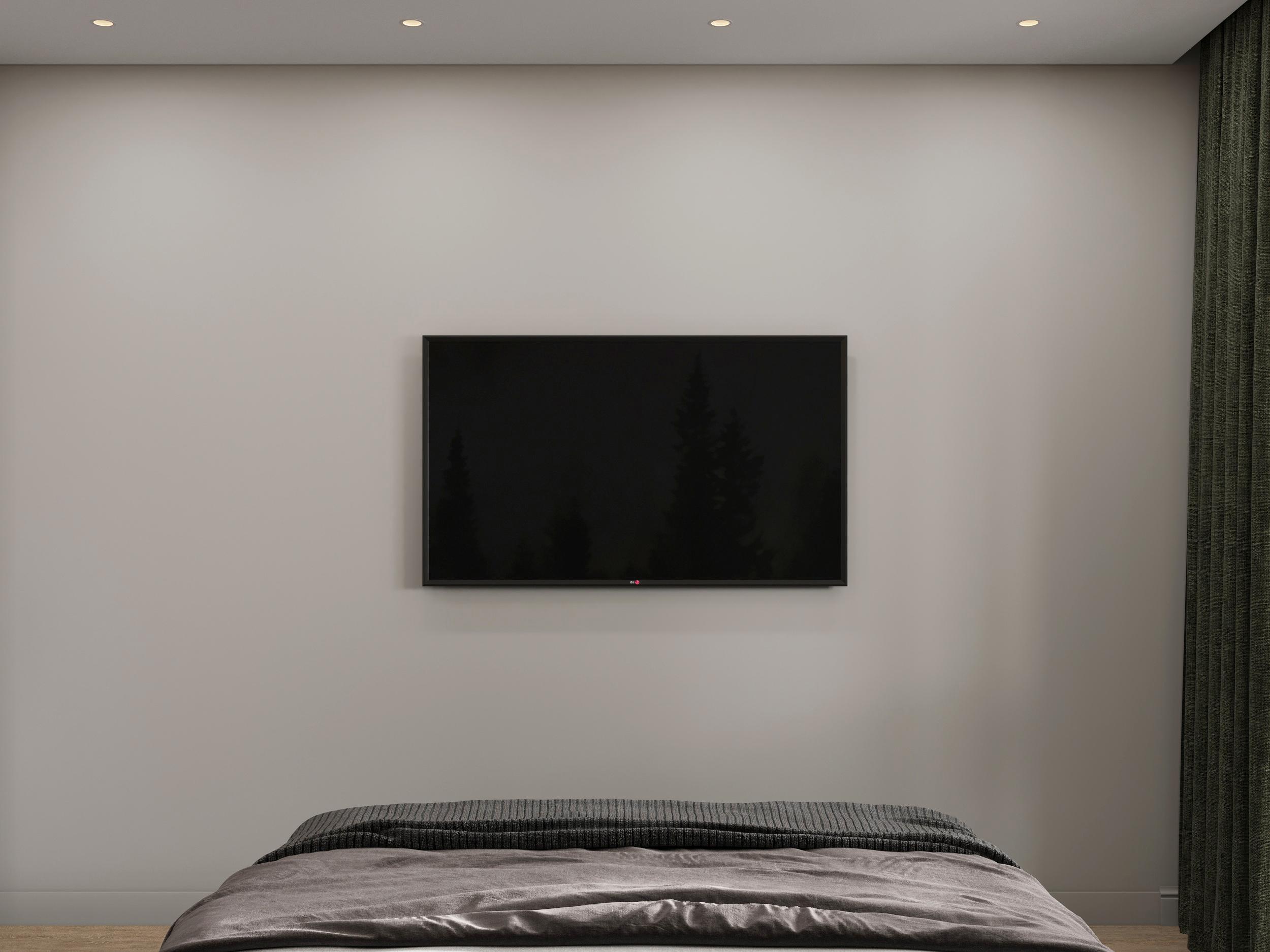 Интерьер спальни cтеной с телевизором, телевизором на стене и керамогранитом на стену с телевизором