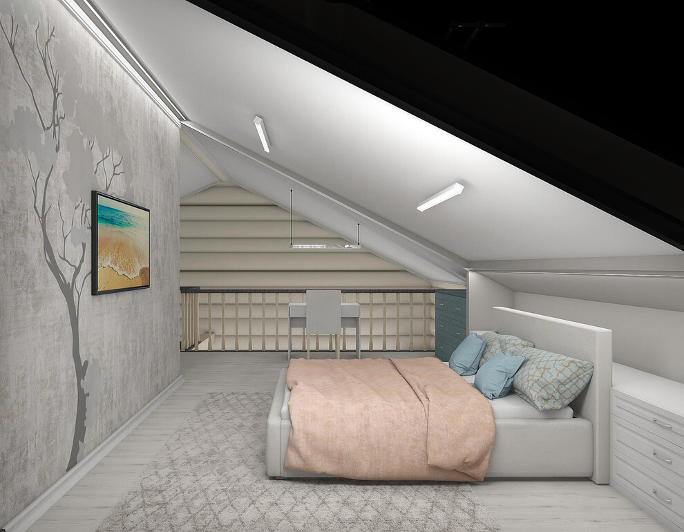 Интерьер спальни cветовыми линиями, подсветкой настенной, подсветкой светодиодной и с подсветкой в неоклассике