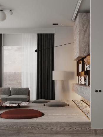 Интерьер гостиной с зонированием, без дверей, проходной, проемом и подсветкой настенной в современном стиле и в стиле лофт