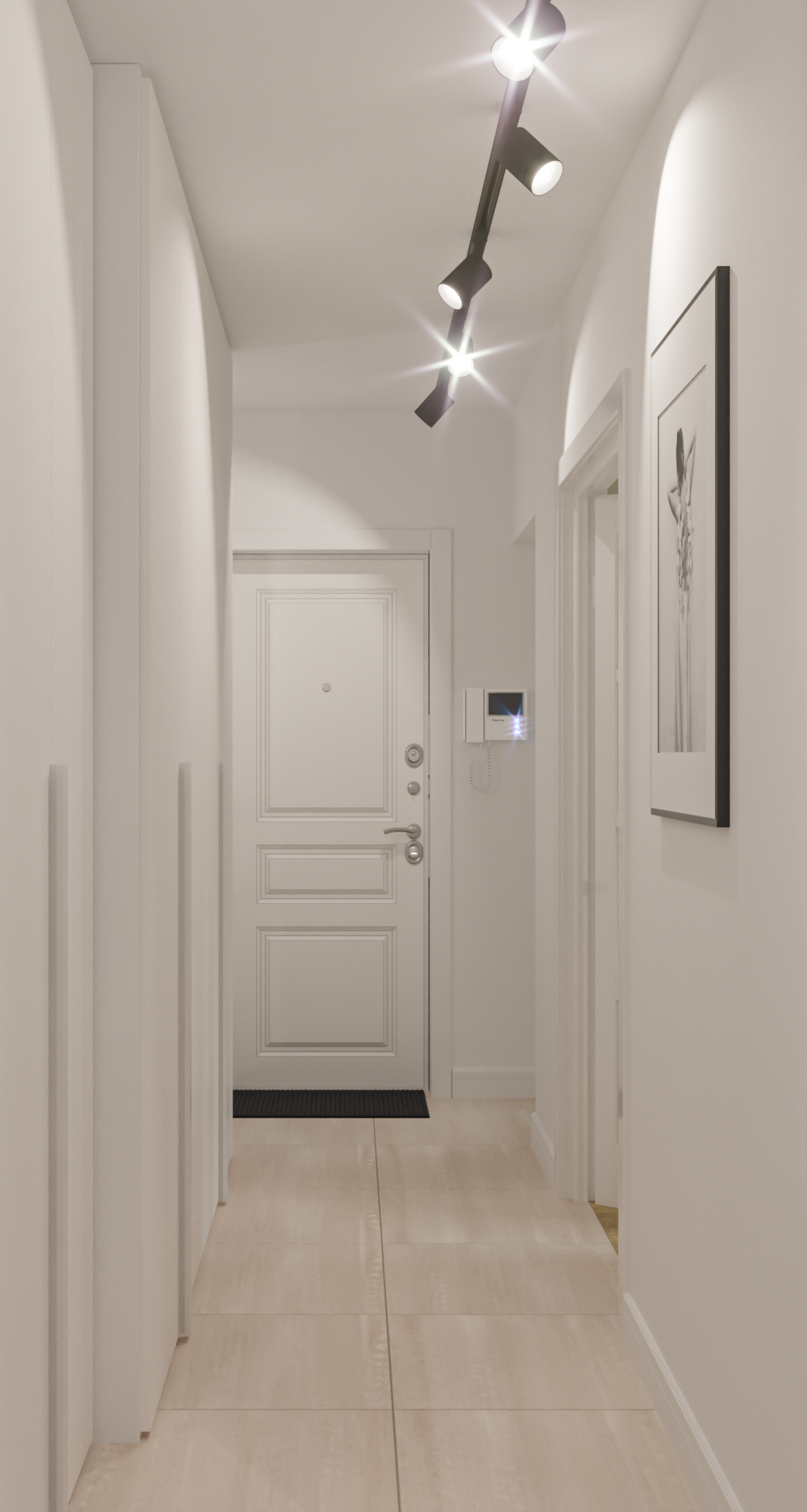 Интерьер коридора cветовыми линиями, подсветкой настенной, подсветкой светодиодной и с подсветкой
