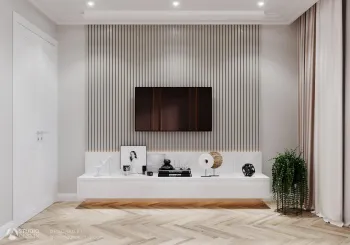 Интерьер гостиной с телевизором на рейках  смотреть на Basicdecor