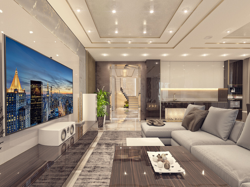 Интерьер гостиной с керамогранитом на стену с телевизором, подсветкой настенной, подсветкой светодиодной и с подсветкой в современном стиле