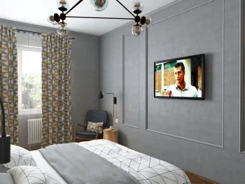 Интерьер спальни с телевизором на стене в современном стиле смотреть на Basicdecor