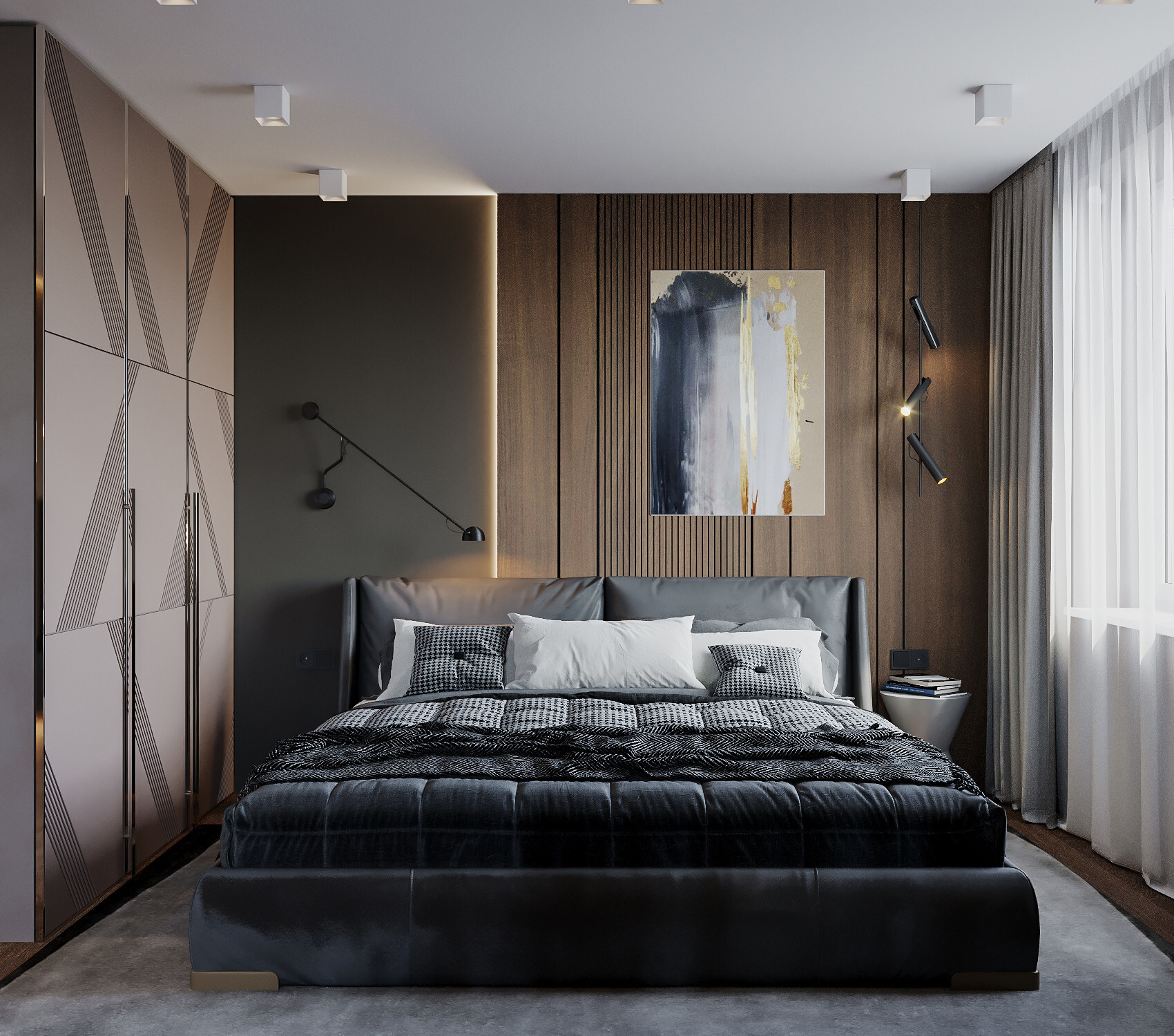 Интерьер спальни с бра над кроватью, подсветкой настенной и светильниками над кроватью в современном стиле и в стиле лофт