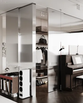 Интерьер гостиной с гардеробной, зонированием, проходной, перегородкой раздвижной и зеркалом на двери  смотреть на Basicdecor