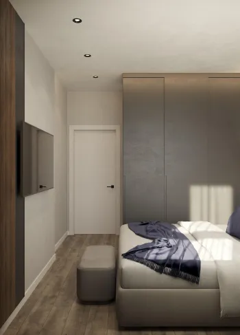 Интерьер спальни с шкафом над кроватью и шкафом у кровати  смотреть на Basicdecor