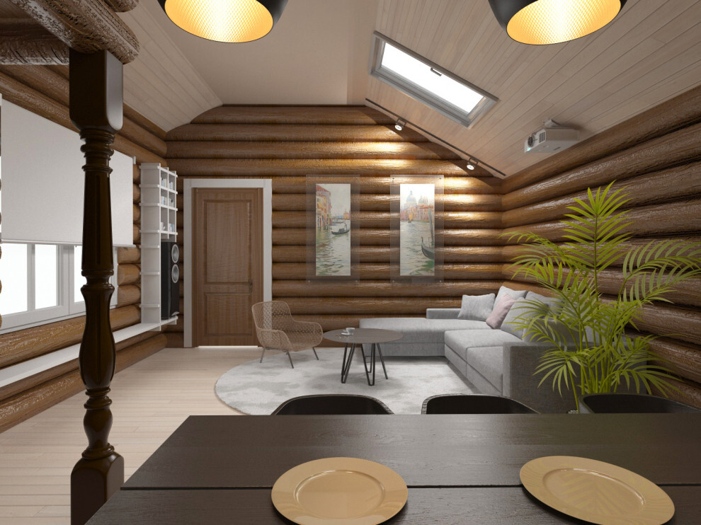Интерьер гостиной с в деревянном доме, сауной, подсветкой настенной и подсветкой светодиодной