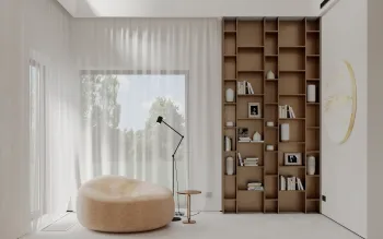 Интерьер гостиной с библиотекой в современном стиле смотреть на Basicdecor