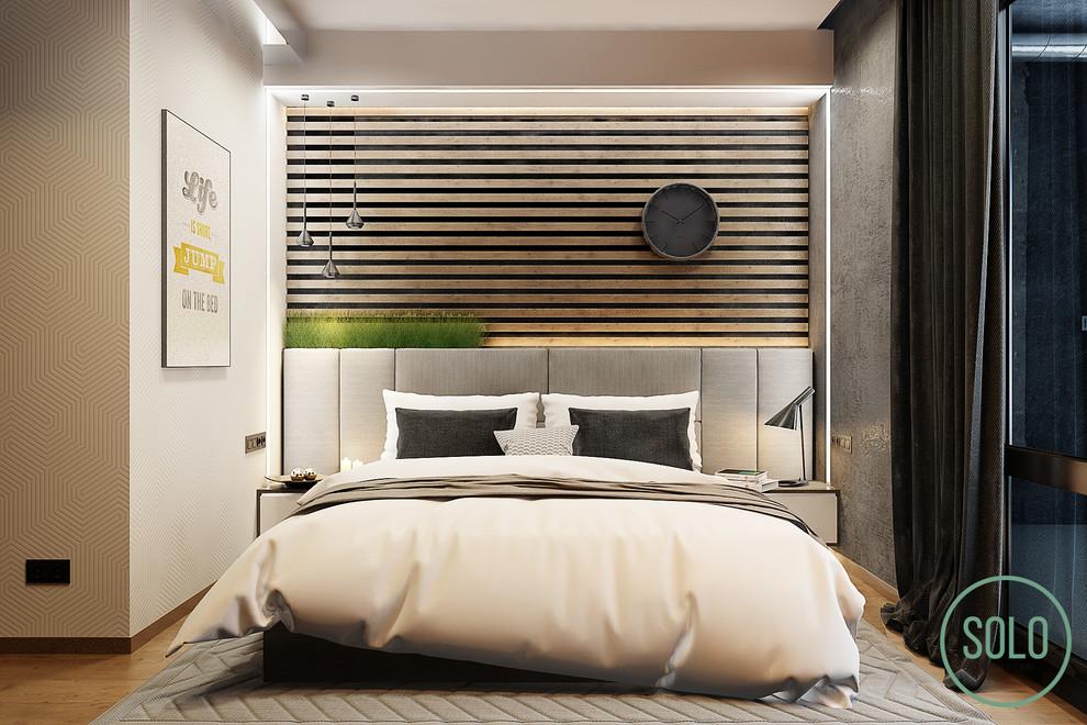 Интерьер спальни с рейками с подсветкой, бра над кроватью и светильниками над кроватью в современном стиле, в стиле лофт и эко