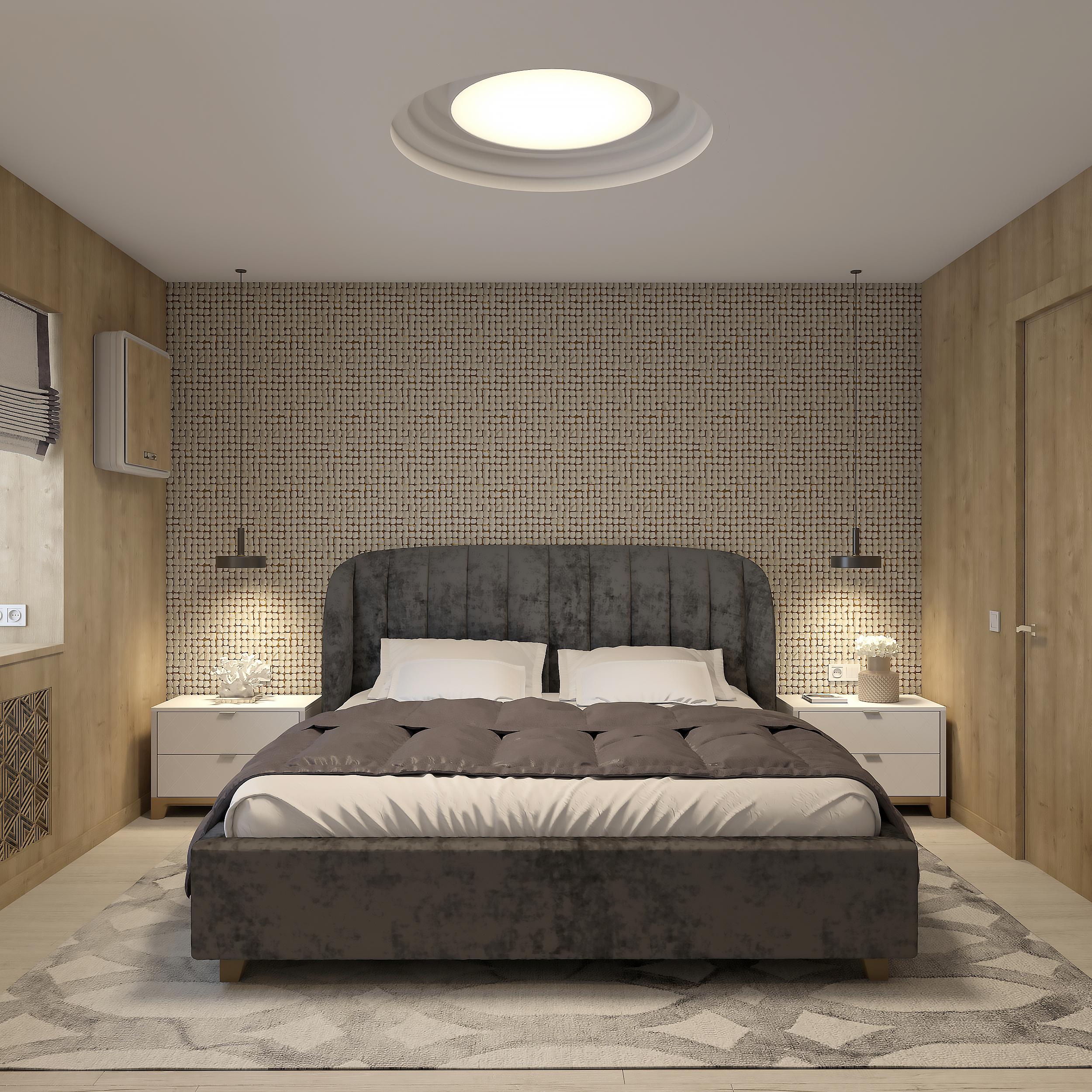 Интерьер спальни cветовыми линиями, подсветкой настенной, подсветкой светодиодной и светильниками над кроватью