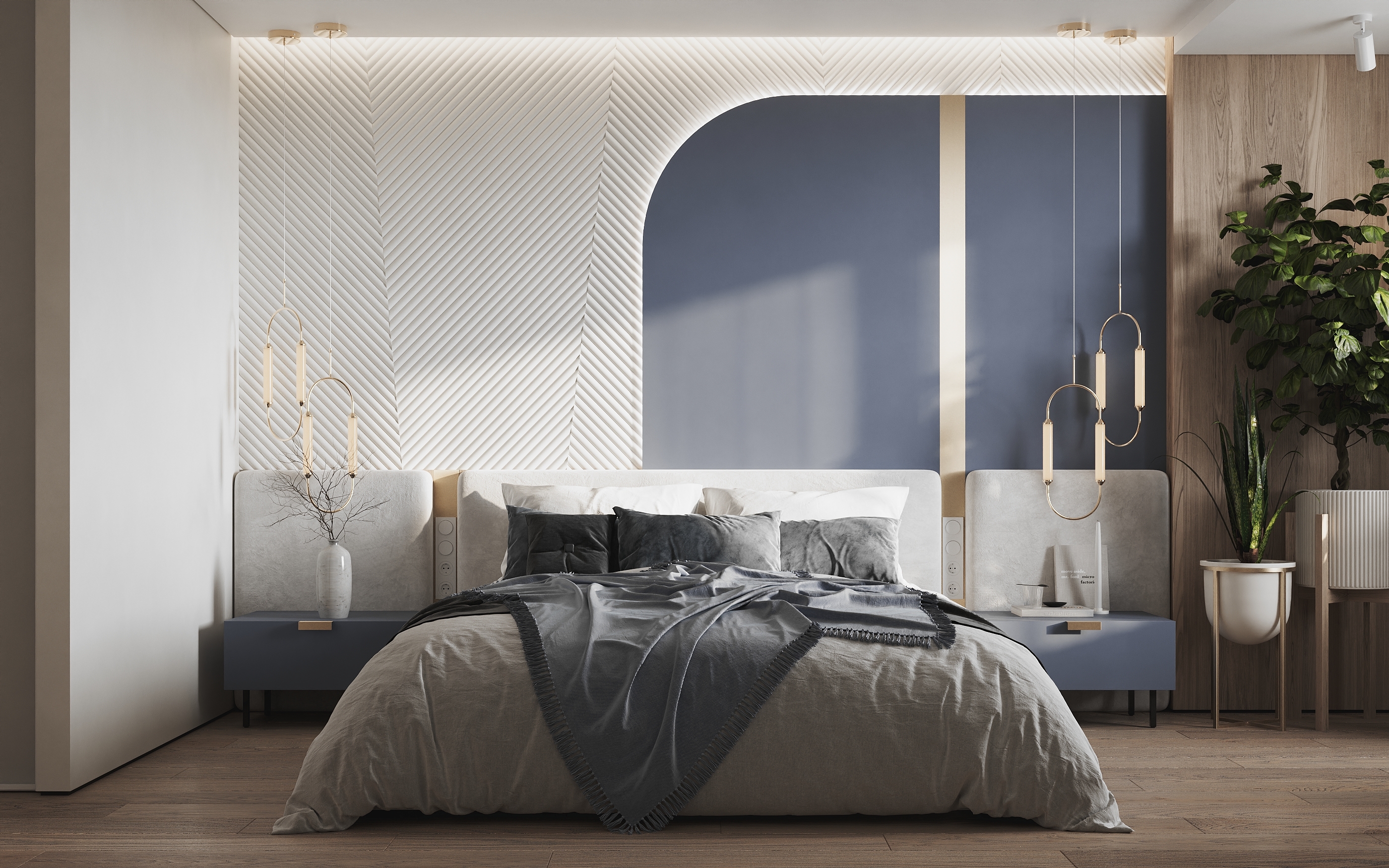 Интерьер спальни cветильниками над кроватью