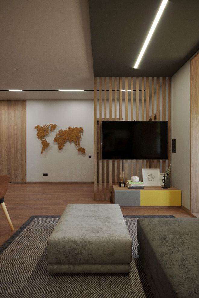 Интерьер гостиной cветовыми линиями, керамогранитом на стену с телевизором, рейками с подсветкой, подсветкой настенной и подсветкой светодиодной в современном стиле
