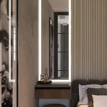 Интерьер спальни с зеркалом на двери и с подсветкой  смотреть на Basicdecor