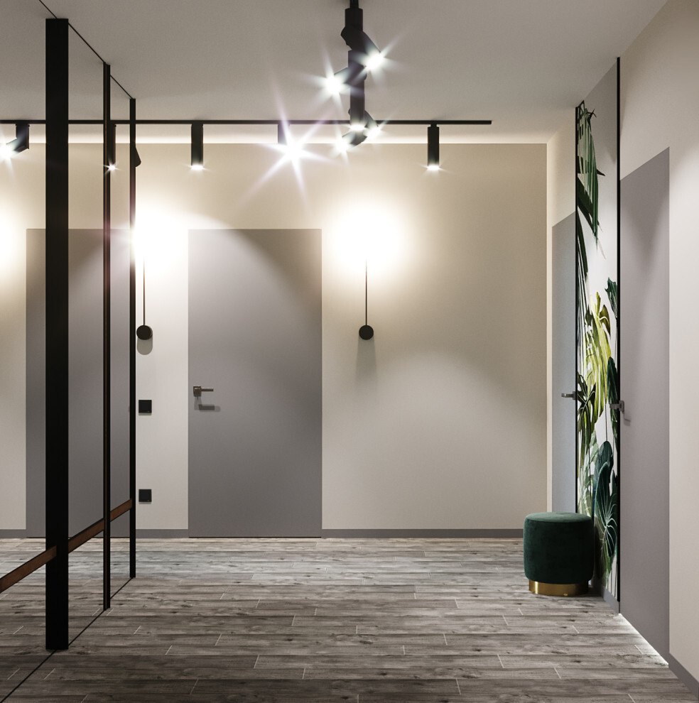 Интерьер коридора c рабочим местом, световыми линиями, подсветкой настенной и подсветкой светодиодной в современном стиле