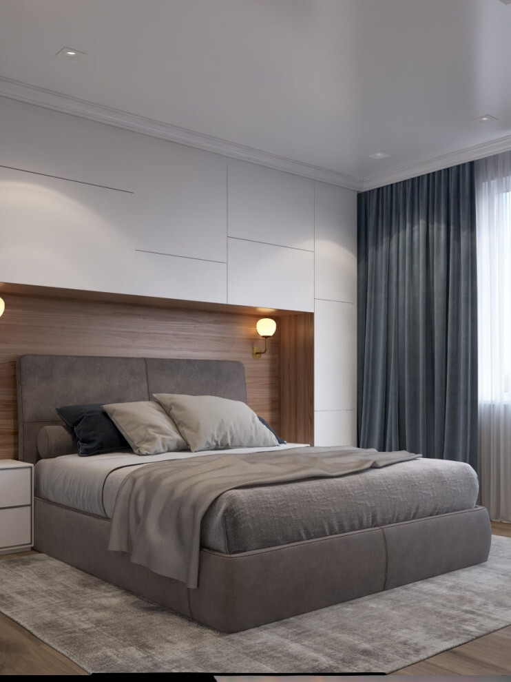 Интерьер спальни cветовыми линиями, бра над кроватью, подсветкой настенной, подсветкой светодиодной и светильниками над кроватью в современном стиле