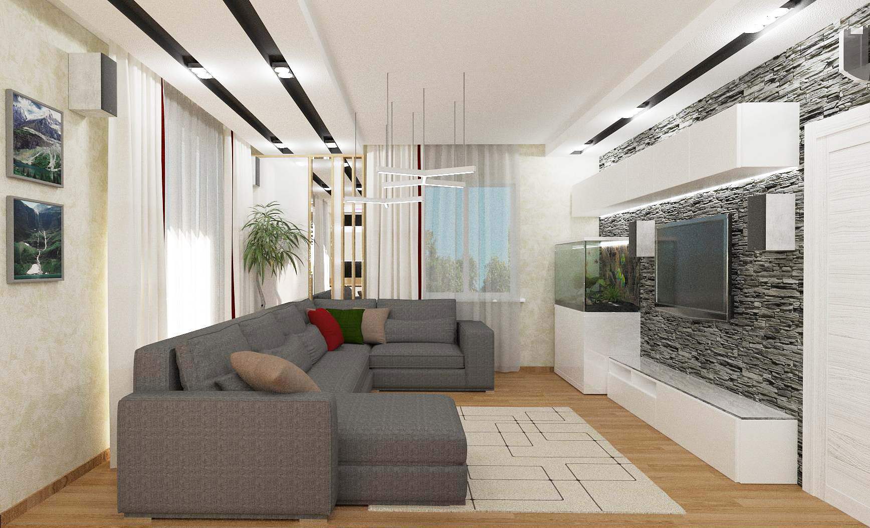 Интерьер гостиной с зонированием, проходной, балконом, open space и переговорной