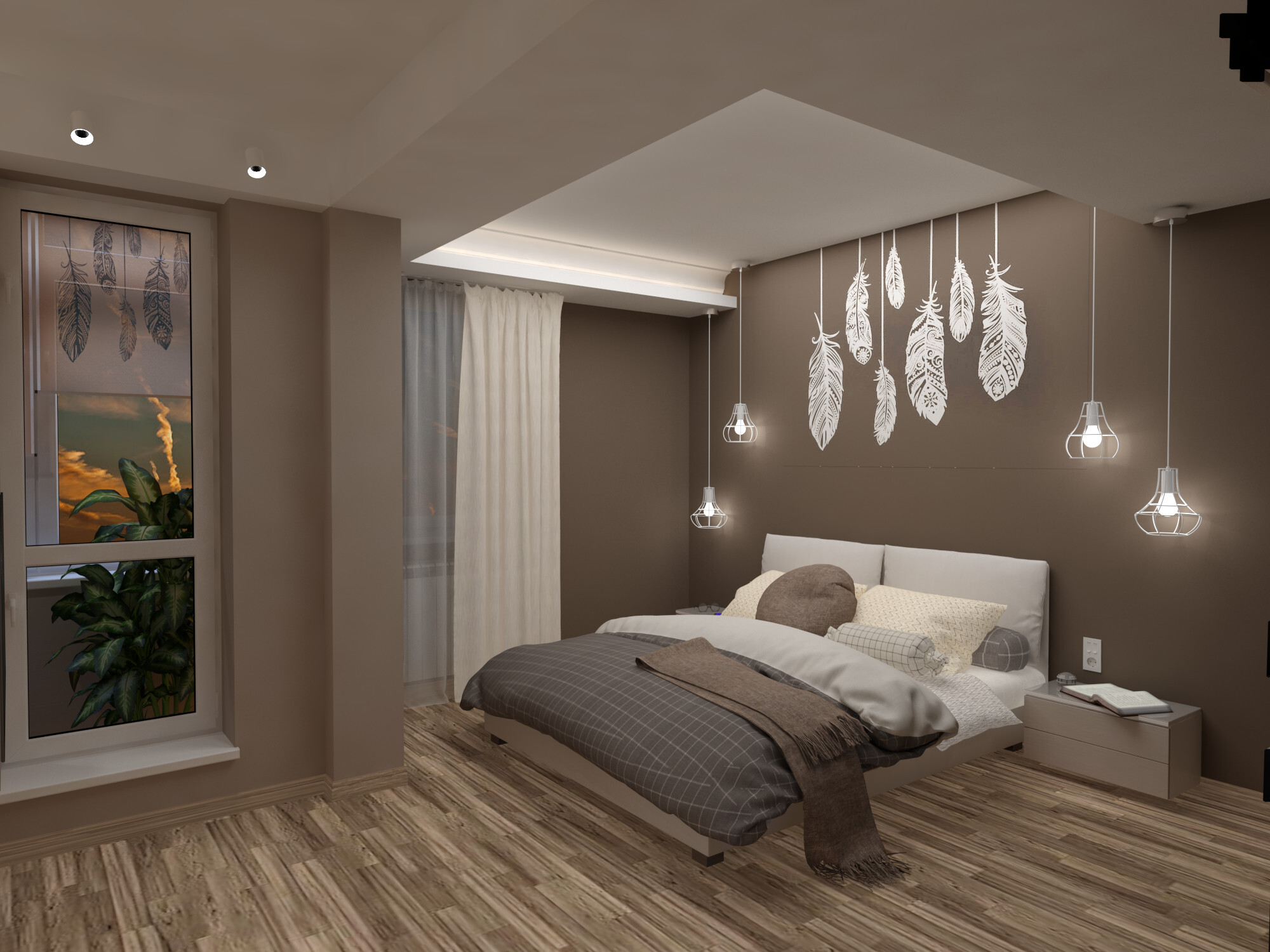 Интерьер спальни cветовыми линиями, рейками с подсветкой, подсветкой настенной, подсветкой светодиодной и светильниками над кроватью