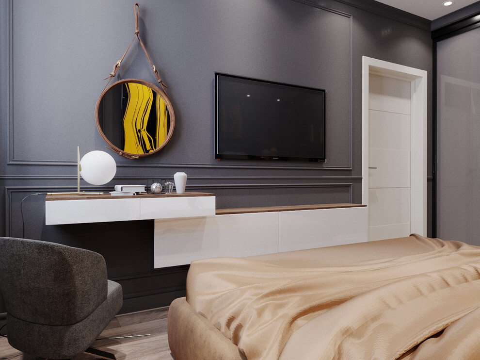 Интерьер спальни с керамогранитом на стену с телевизором в современном стиле