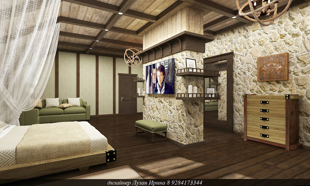 Интерьер с в деревянном доме, сауной, проходной и панно за телевизором в рустике