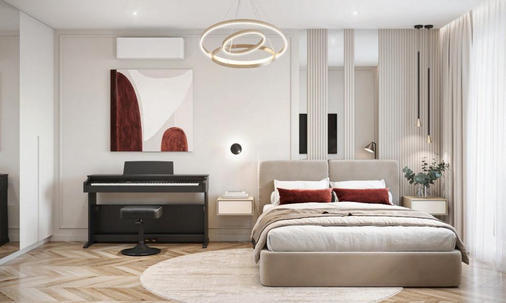 Интерьер с рейками с подсветкой, подсветкой настенной, подсветкой светодиодной и светильниками над кроватью в современном стиле