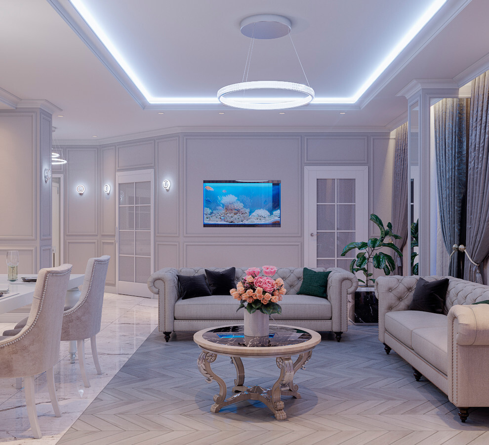 Интерьер гостиной с рейками с подсветкой, подсветкой настенной, подсветкой светодиодной и с подсветкой в неоклассике