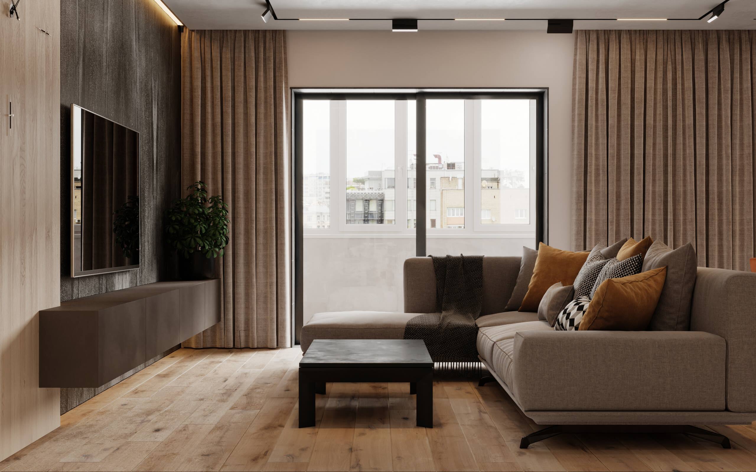 Интерьер гостиной с зонированием шторами, световыми линиями и вертикальными жалюзи в современном стиле