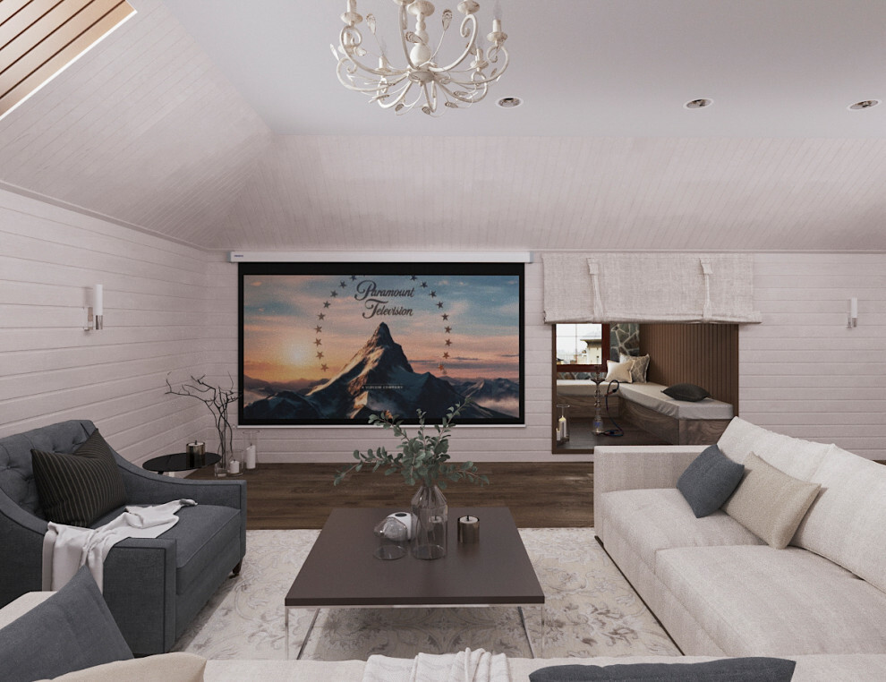 Интерьер гостиной с панно за телевизором и подсветкой настенной в современном стиле