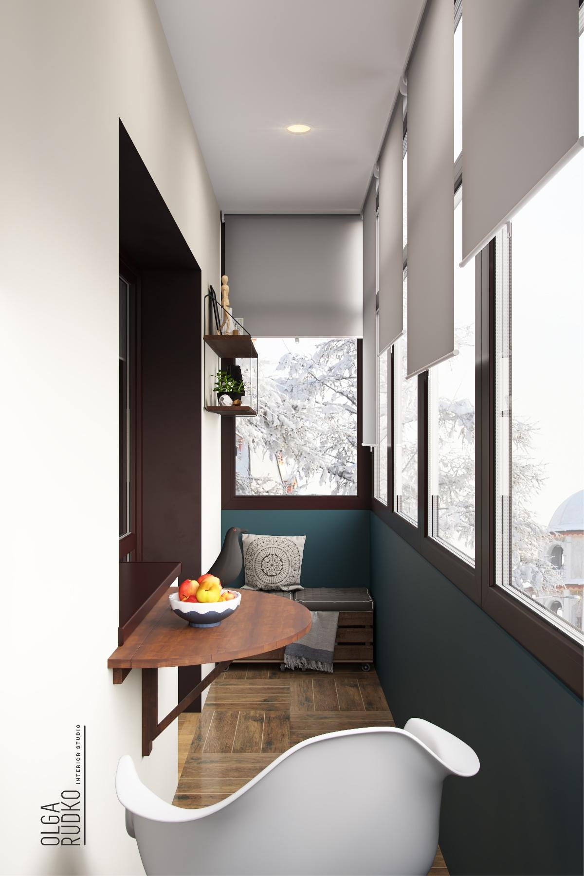Интерьер столовой с балконом и панорамными окнами