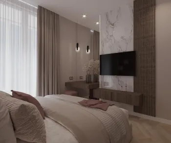 Интерьер спальни cветильниками над кроватью, акцентной стеной за кроватью и акцентными обоями за кроватью  смотреть на Basicdecor