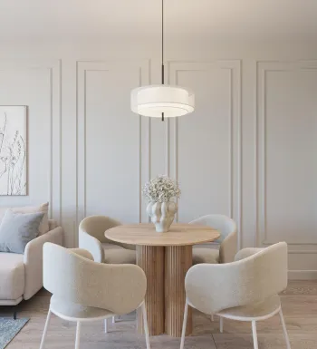 Интерьер столовой cветильниками над столом  смотреть на Basicdecor