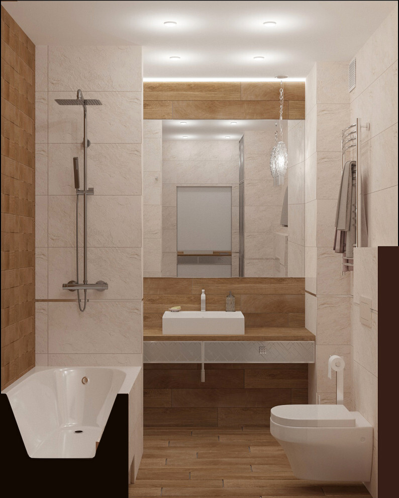 Интерьер ванной cовмещенным санузлом в современном стиле, в стиле лофт и в стиле кантри