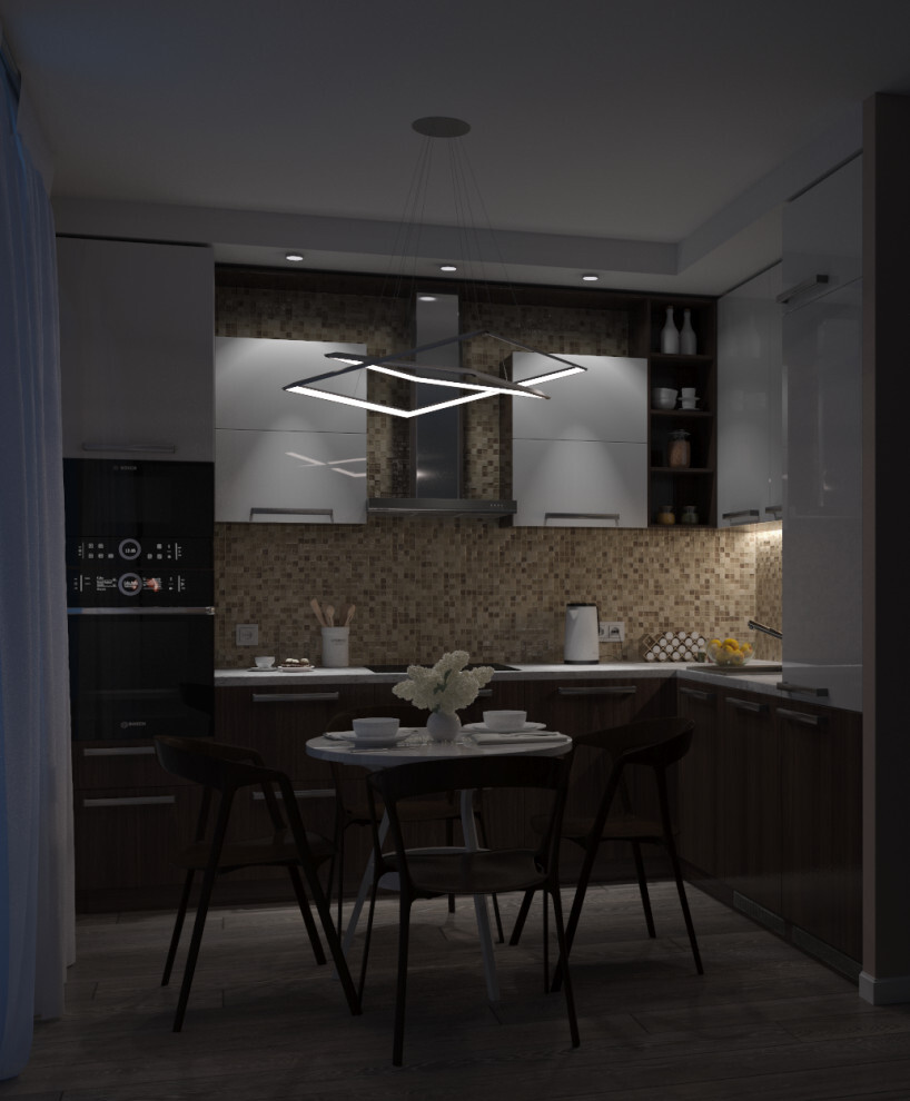 Интерьер кухни cветовыми линиями, рейками с подсветкой, подсветкой настенной, подсветкой светодиодной и с подсветкой в современном стиле